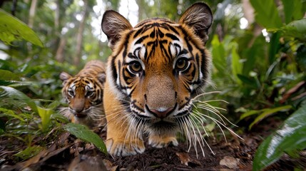 Fototapeta premium Majestic Tiger Cubs in Lush Rainforest
