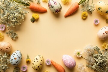 Easter eggs and vegetables arranged in a pastel yellow border.