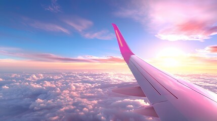 Obraz premium Airplane Wing Soaring Above Clouds at Sunset