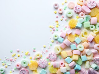 Colorful assortment of sugary candies and sprinkles on a white background.