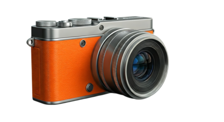 A vibrant orange camera ready for adventure, capturing life's moments with a sleek metallic lens and a stylish design.