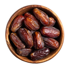 Fresh medjool dates in wooden bowl on transparent background