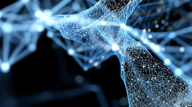 Luminous blue web of interconnected nodes and lines, evoking digital networks or complex biological structures