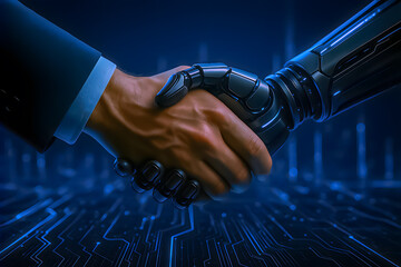 Human and robot shaking hands as a symbol of technological collaboration and the future