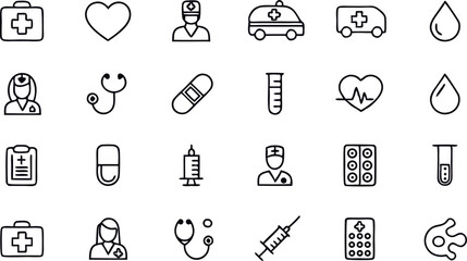 Essential Healthcare Icons: A comprehensive collection of minimalist, line-style icons perfectly captures the essence of medical.