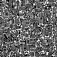 A black and white hand-drawn drawing in the Mexican style.Seamless pattern.	
