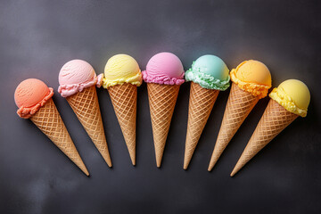 A selection of pastel-colored ice cream cones with various vibrant scoops arranged against a dark background, range of flavors