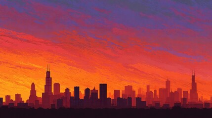 Fototapeta premium Vibrant Vector City Skyline at Sunset with Gradient Sky Colors