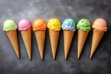 A selection of pastel-colored ice cream cones with various vibrant scoops arranged against a dark background, range of flavors