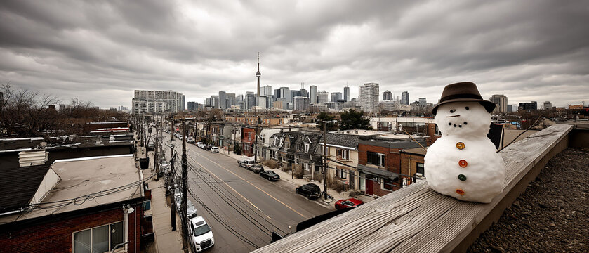 Dapper snowman enjoys Torontos skyline view