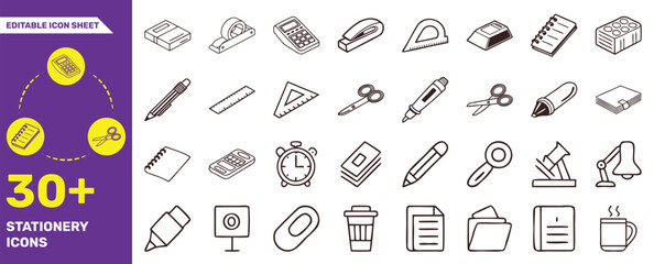 Editable Stationery Icon Set – 30+ Office and School Supply Line Icons