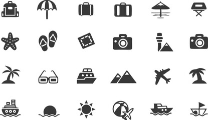Travel Icon Set: A comprehensive collection of travel-related icons in a minimalist, grayscale style. These symbols represent essential items and activities associated with journeys and adventures. 