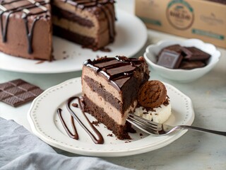 Photo of a slice of chocolate mousse cake on a white plate, with chocolate syrup drizzled over the top and a fork resting on the plate with a bite taken out of the cake.