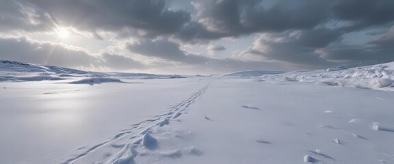 Frozen landscape, glistening snowdrifts under a stark winter sky,  arctic,  blizzard,  outdoors