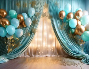 Festive Birthday Party Background Teal Curtains Gold and Blue Balloons Sparkling Floor