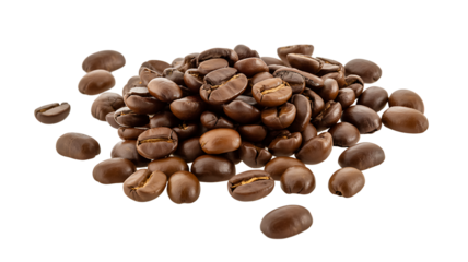 a rich pile of dark roasted coffee beans, with some scattered beans adding a sense of movement