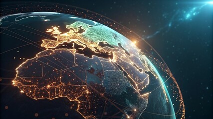 World map on a technological background, glowing lines symbols of the Internet, radio, television, mobile and satellite communications.Global network connection over the world.