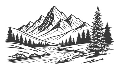 Mountain vector art, Woodcut Style Mountain Scene: Sun Rays, Coniferous Trees, Wilderness Graphic on a white background