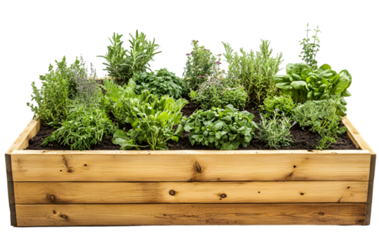 Lush herb garden in wooden raised planter box
