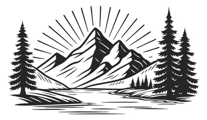 Vector Mountain Logo: Vector Sunburst, Trees & Lake Illustration On a white background