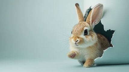 Obraz premium Easter bunny poster peeking out of a hole in the wall with copy space, rabbit jumps out of a torn hole.