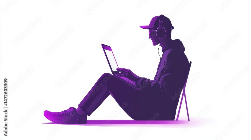 Poster user with laptop and smartphone synchronizing. cross-device syncing, cross-device synchronization an
