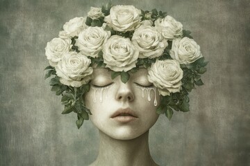 Surreal Concept of Motherhood with Tears and Floral Transformation