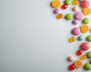 Obraz premium Colorful assortment of candies arranged on a light background.