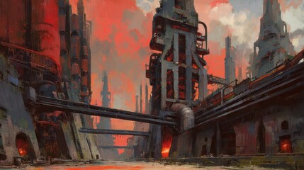 Naklejka premium Industrial cityscape of rusty, red structures.