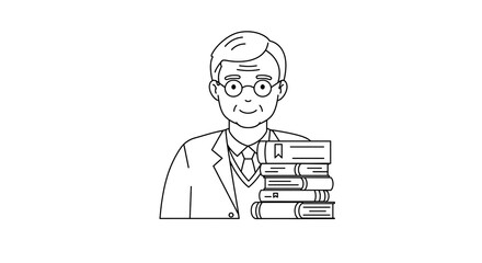 Fototapeta premium Man with Glasses Holding Stack of Books Line Art Illustration