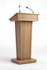 Elegant wooden podium for speeches and presentations against a pristine white background.