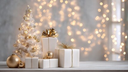 Minimal White and Gold Christmas Scene with Gifts and Tree