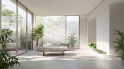 Modern minimalist home with large windows, flooded with natural light. White walls, plants, and a simple table create a serene and spacious feel.
