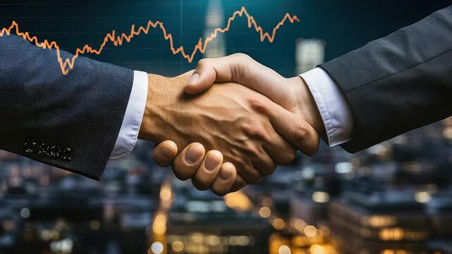 A business handshake against a city backdrop, overlaid with a downward trending graph, symbolizing a deal during market decline