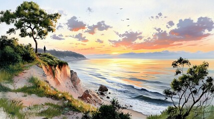 Coastal sunset scene with a figure on a cliff overlooking the ocean.  Soft light bathes the landscape
