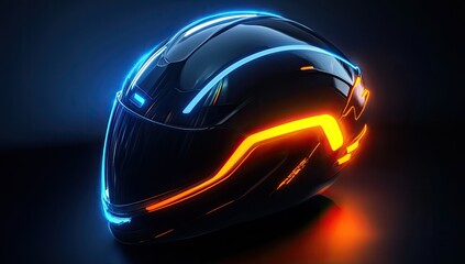 Obraz premium Futuristic helmet with vibrant neon accents. Sleek, dark design with glowing blue and orange lines. Advanced technology