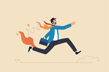 Business deadline, rush hour situation or in hurry to complete work concept, overworked businessman running on fire.