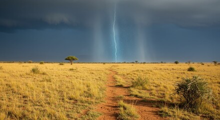 Fototapeta premium Image of weather anomalies. Lightning strike in a dry savanna landscape