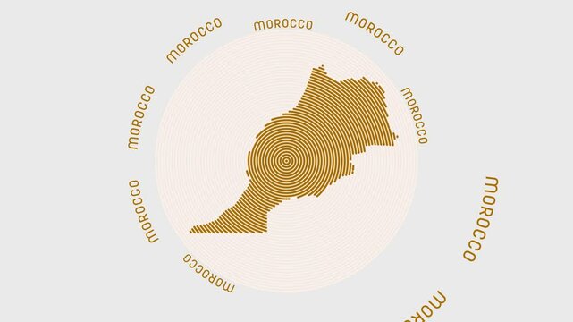 Morocco shape with dynamic circles visual effect. Animation of Morocco logo appearing from rotating rings and Country name around the shape. Intro, opening, closing, logo video.