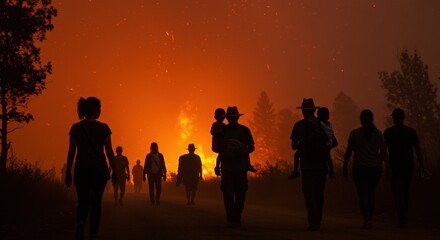 Fototapeta premium Image of weather anomalies. People evacuating from wildfire against orange smoke and flames