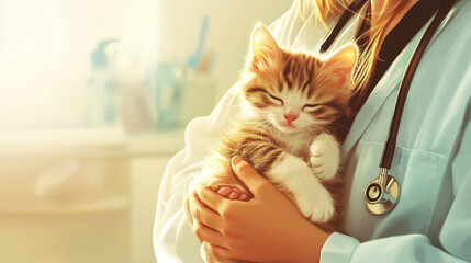 Veterinary assistant holding a sleepy kitten in a clinic setting  