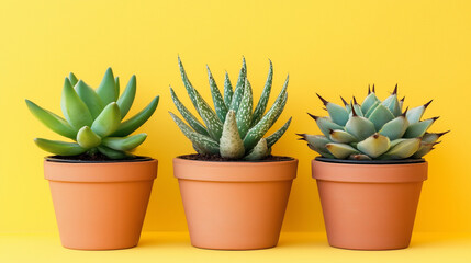Fototapeta premium collection of three different cacti in pots. isolated on yellow background