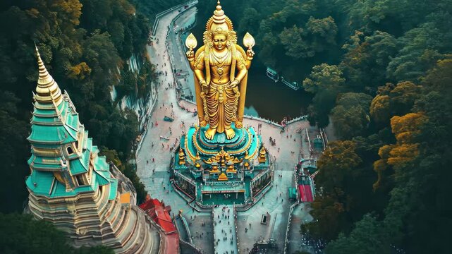 Batu Caves reveal stunning gold statue of Murugan in tropical landscape, Aerial view of Batu Caves And Gold statue Of Murugan In Kuala Lumpur, Malaysia