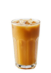 Iced coffee in a tall glass with condensation, on a black backdrop. Refreshing and cool
