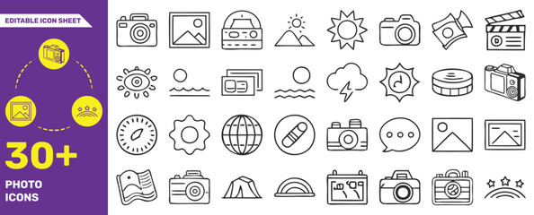 Editable Photography and Camera Icon Set – 30+ Vector Line Icons for Photo Equipment and Tools