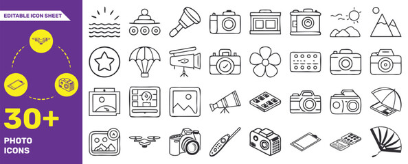 Editable Photography and Camera Icon Set – 30+ Vector Line Icons for Photo Equipment and Tools