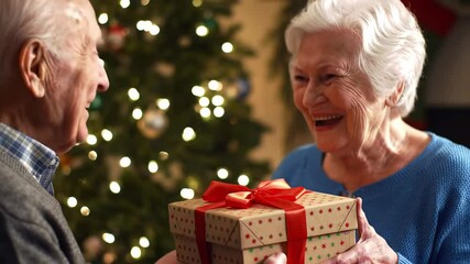Elderly couple exchanging a christmas gift in front of a beautifully decorated tree during festive holiday season. concept of love, giving, holiday spirit, joyful celebration. - Powered by Adobe