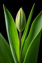 Obraz premium Green tulip bud and leaves isolated on a black background showcasing natural beauty