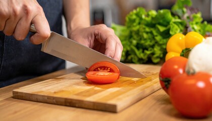 someone is cutting tomato on wooden board