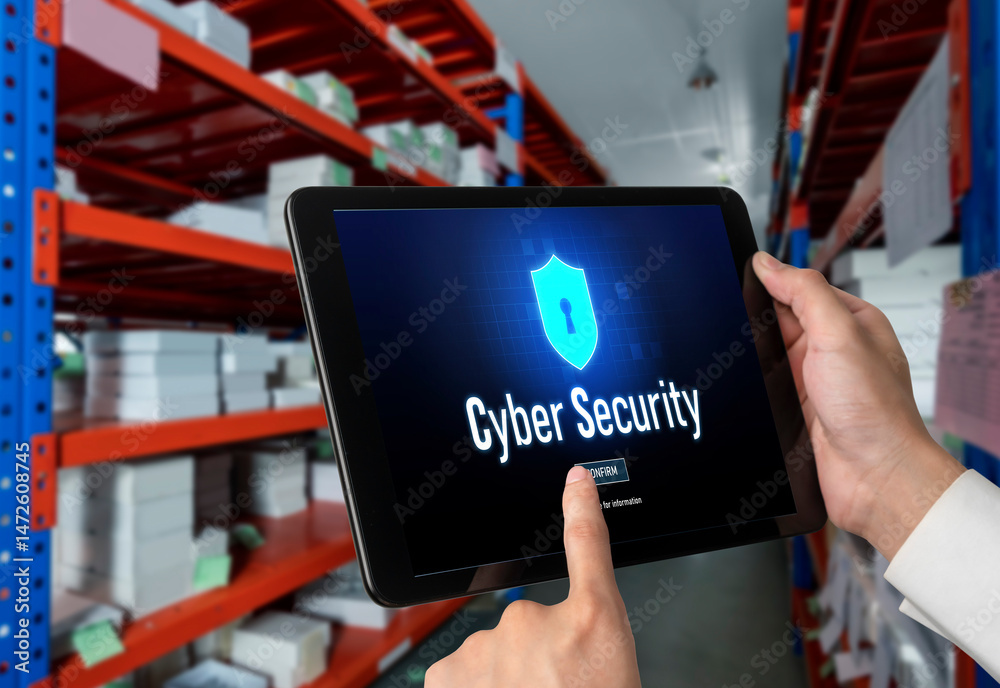 Poster cyber security system on computer screen protect private information snugly from hacker and cyber at